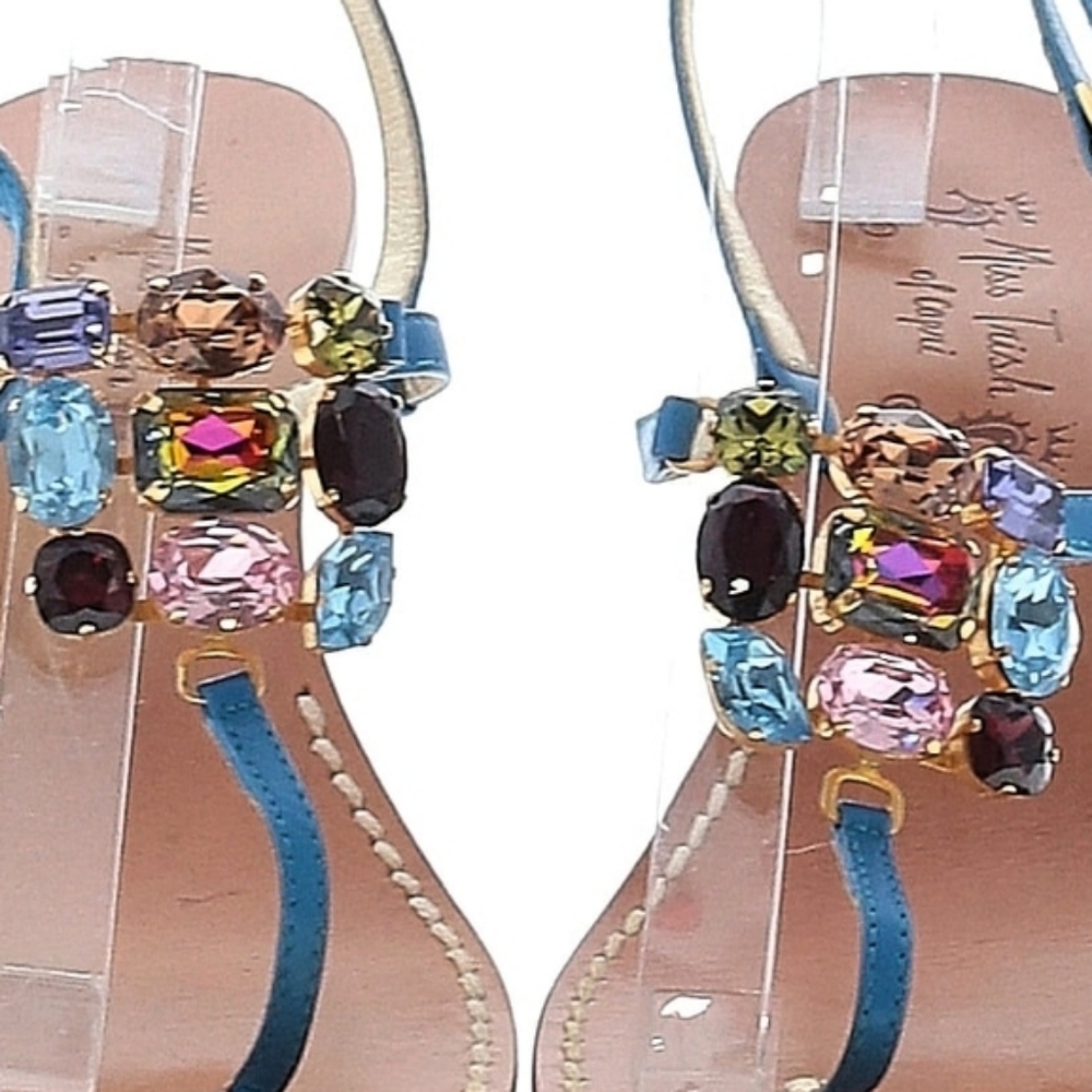 Miss Trish Of Capri Jeweled Leather Thong Kitten Heel Sandal,  40 (US 10), Blue - Picture 3 of 3